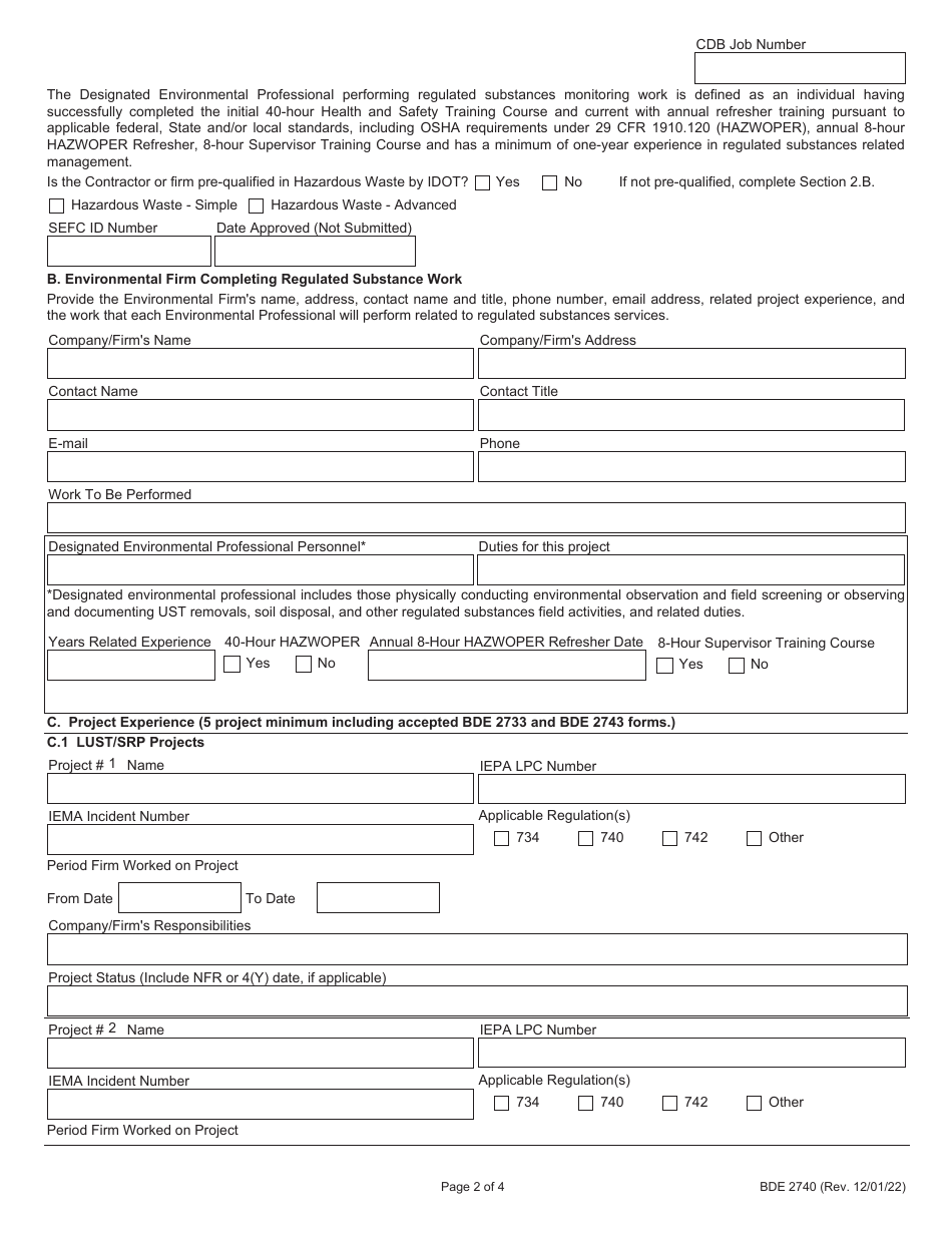 Form BDE2740 Regulated Substances Pre-certification - Project Experience for CDB / Ci Projects (Rspc-Pe) - Illinois, Page 2