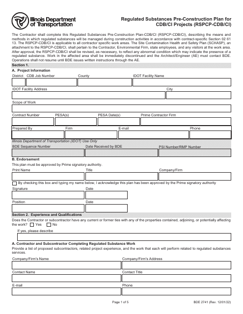 Form BDE2741  Printable Pdf