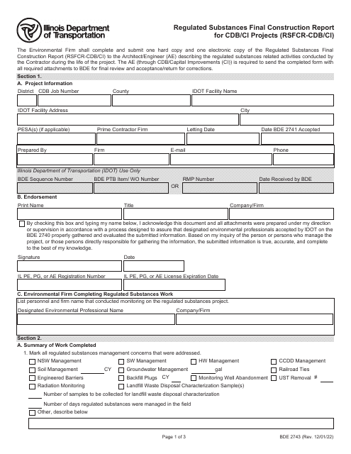 Form BDE2743  Printable Pdf