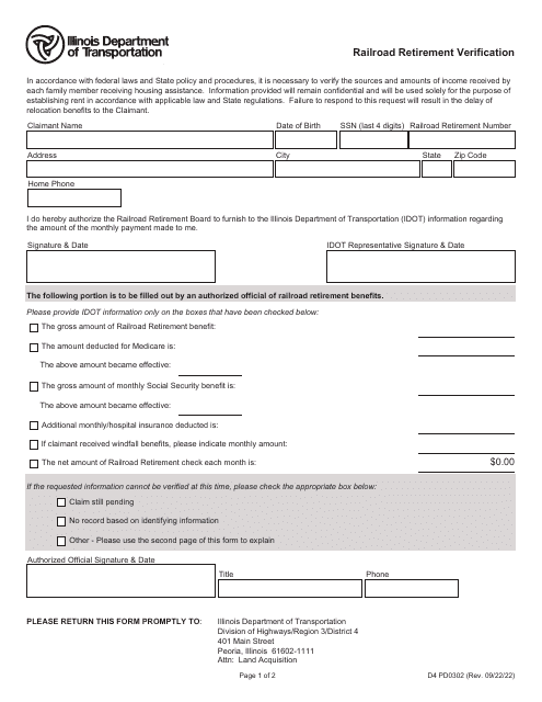 Form D4 PD0302 Railroad Retirement Verification - Illinois