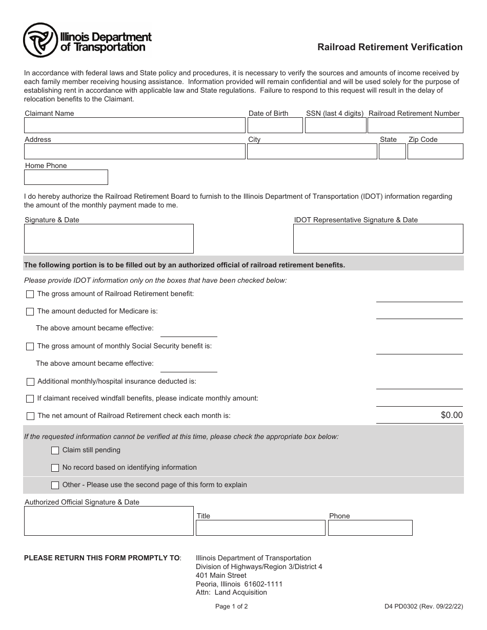 Form D4 PD0302 Railroad Retirement Verification - Illinois, Page 1