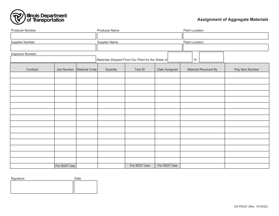 Form D5 PI0321 Assignment of Aggregate Materials - Illinois, Page 1
