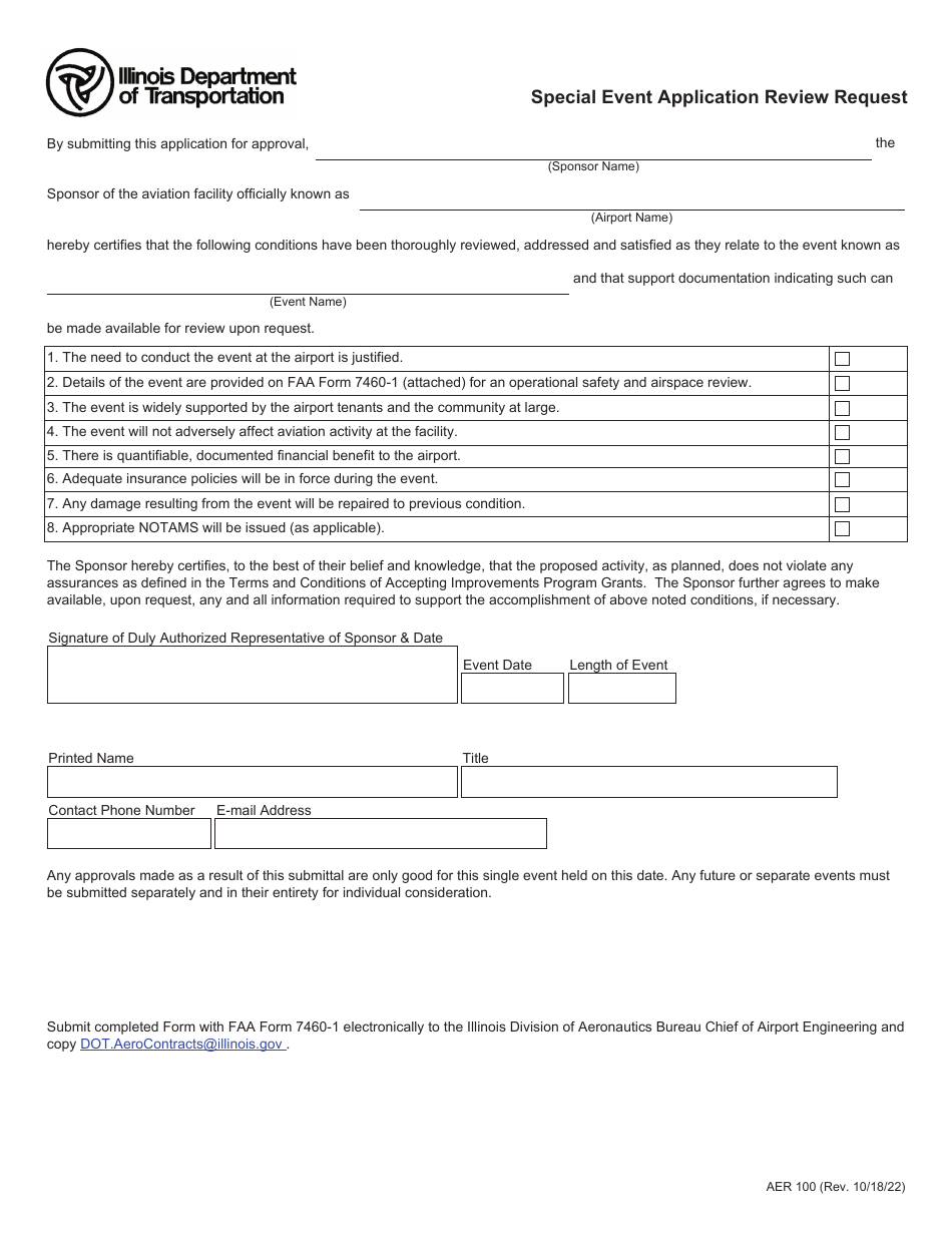 Form AER100 Special Event Application Review Request - Illinois, Page 1