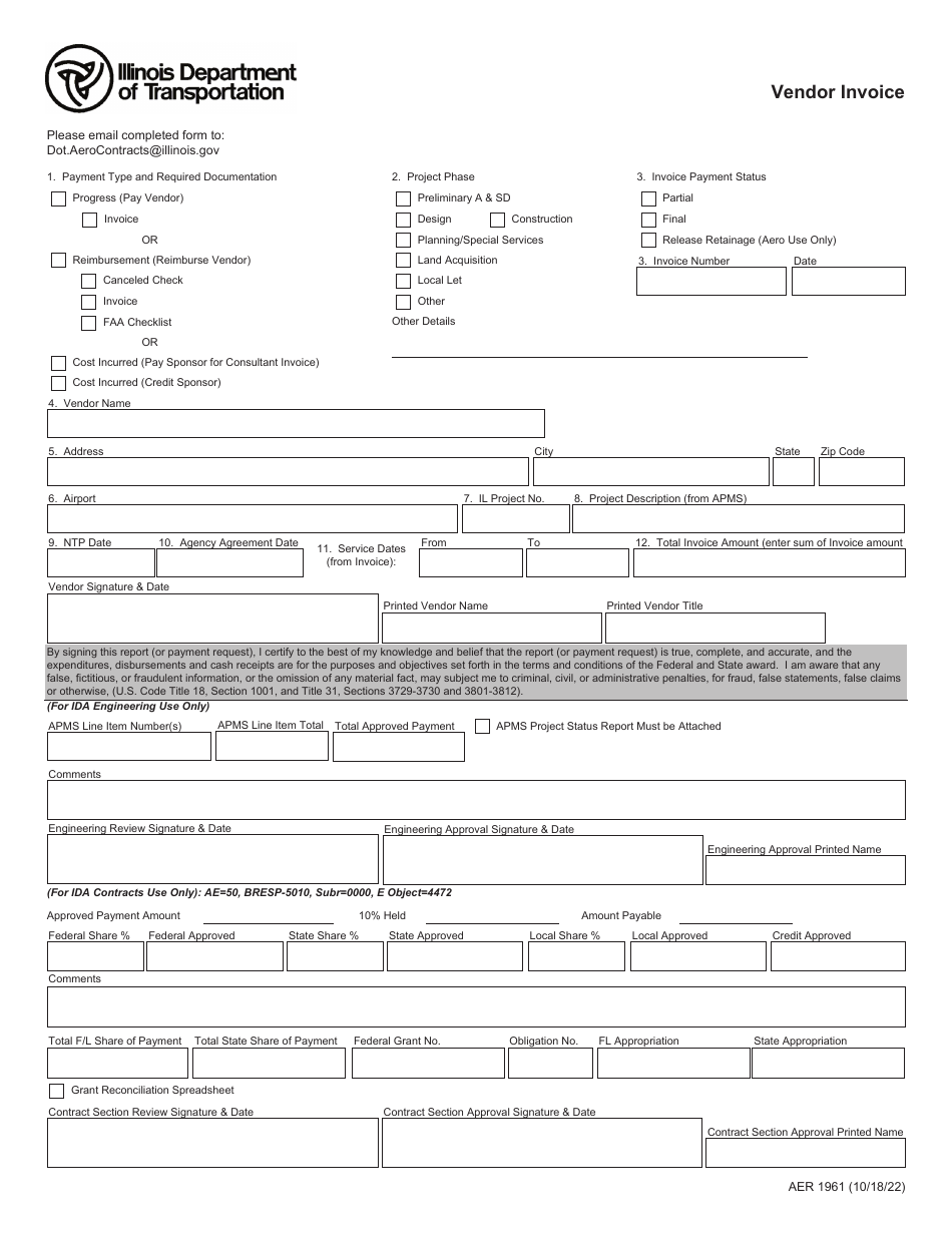 Form AER1961 Vendor Invoice - Illinois, Page 1