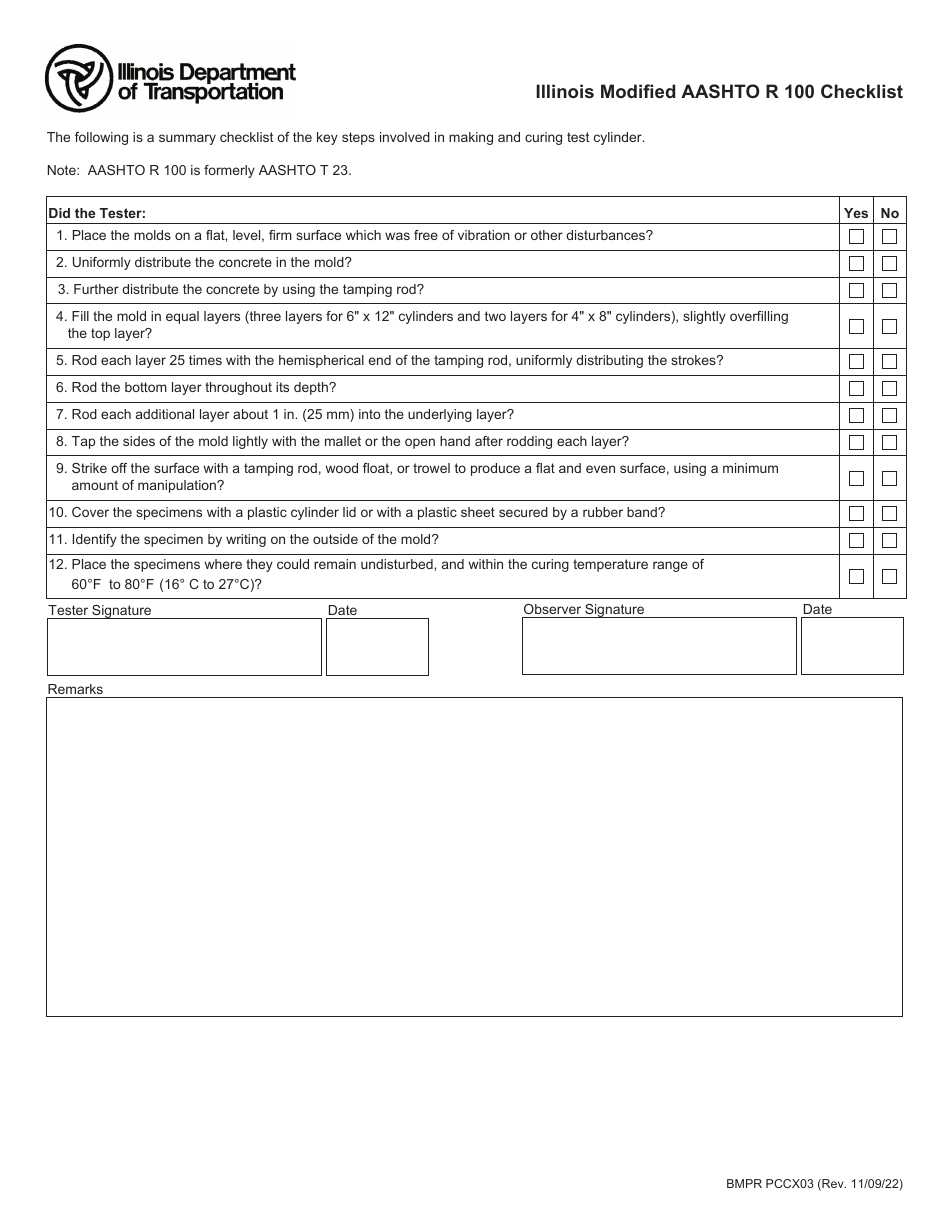 Form BMPR PCCX03 Illinois Modified Aashto R 100 Checklist - Illinois, Page 1