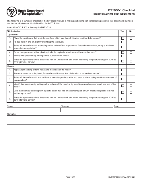 Form BMPR PCCX13 Itp Scc-1 Checklist Making/Curing Test Specimens - Illinois