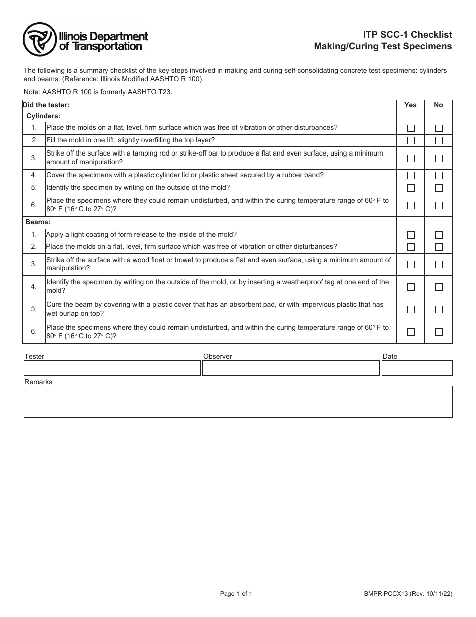 Form BMPR PCCX13 Itp Scc-1 Checklist Making / Curing Test Specimens - Illinois, Page 1