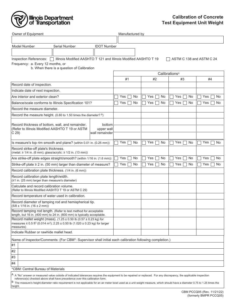 Form CBM PCCQ05 Calibration of Concrete Test Equipment Unit Weight - Illinois, Page 1