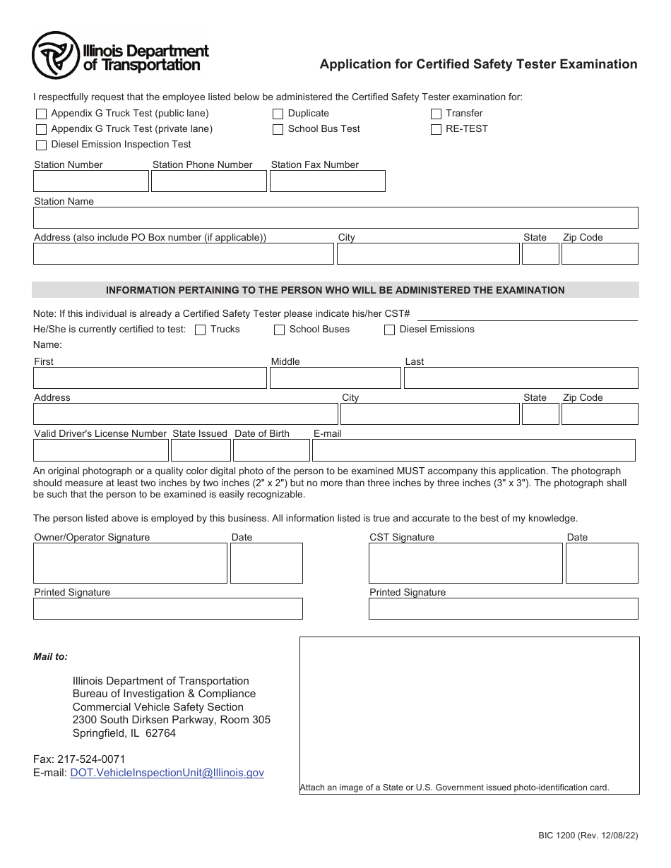 Form BIC1200 Application for Certified Safety Tester Examination - Illinois, Page 1