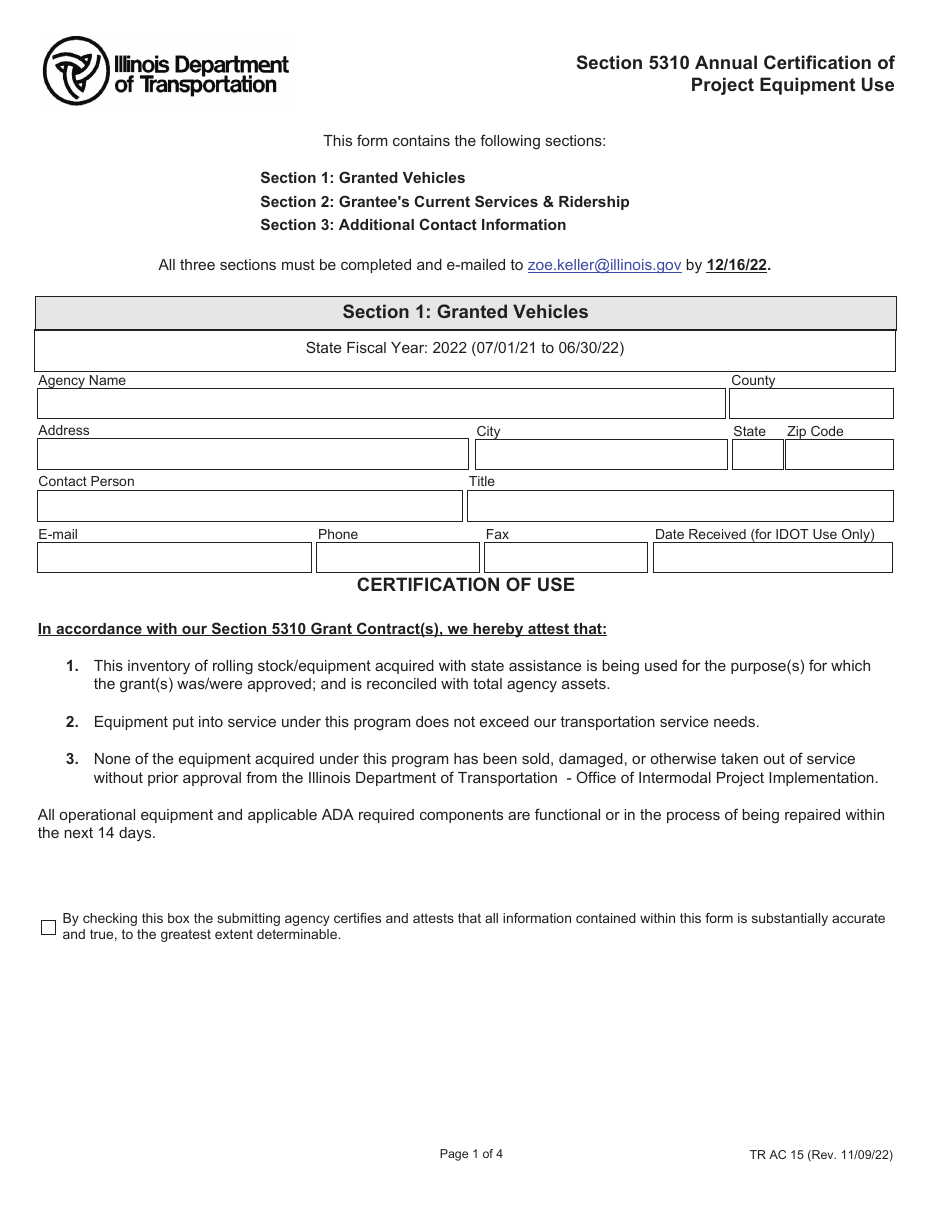 Form TR AC15 Section 5310 Annual Certification of Project Equipment Use - Illinois, Page 1