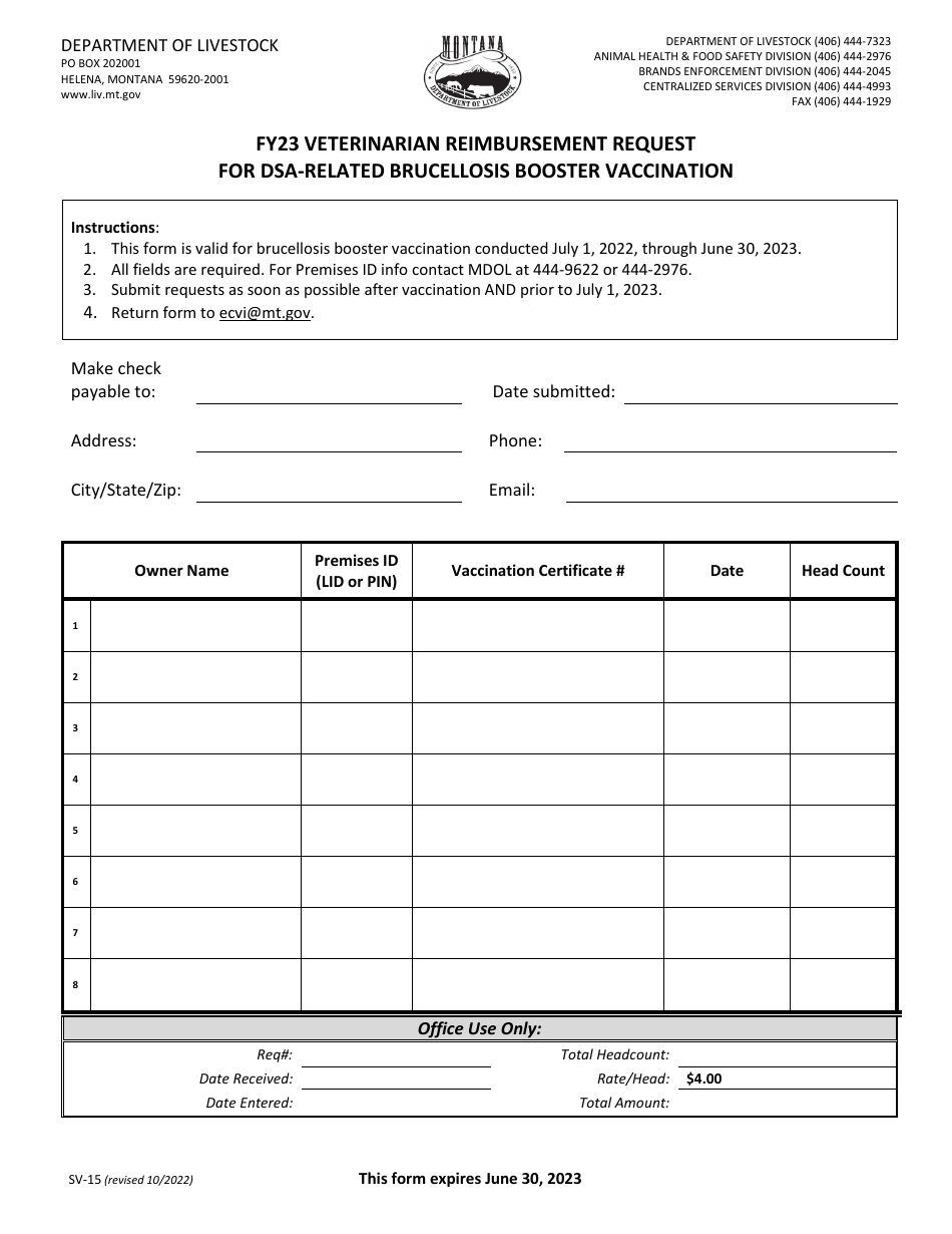 Form Sv 15 Download Fillable Pdf Or Fill Online Veterinarian Reimbursement Request For Dsa 6871