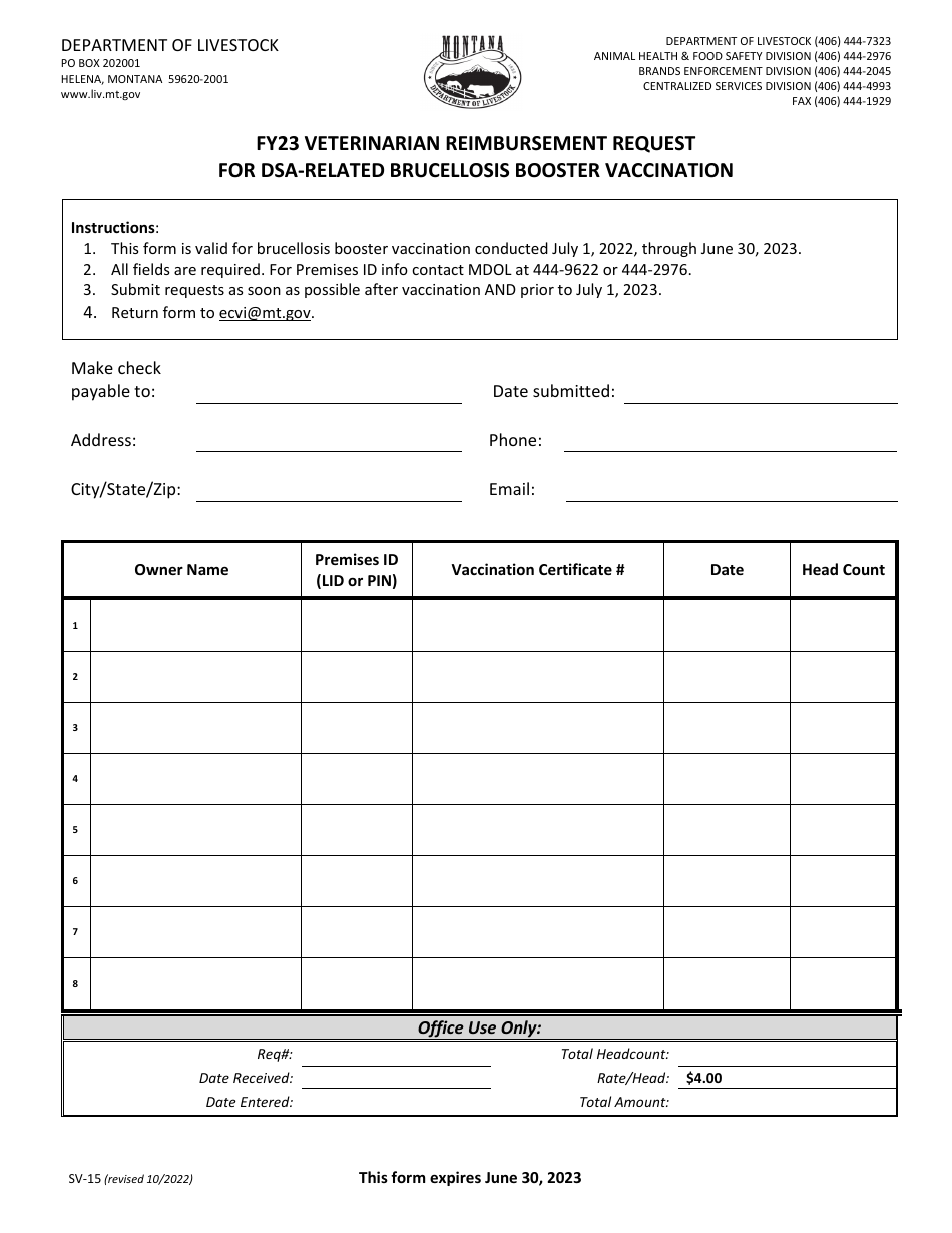 Form SV-15 Veterinarian Reimbursement Request for Dsa-Related Brucellosis Booster Vaccination - Montana, Page 1