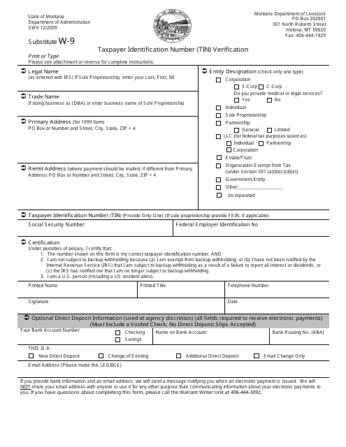 Form SW9 Substitute W-9 Taxpayer Identification Number (Tin) Verification - Montana