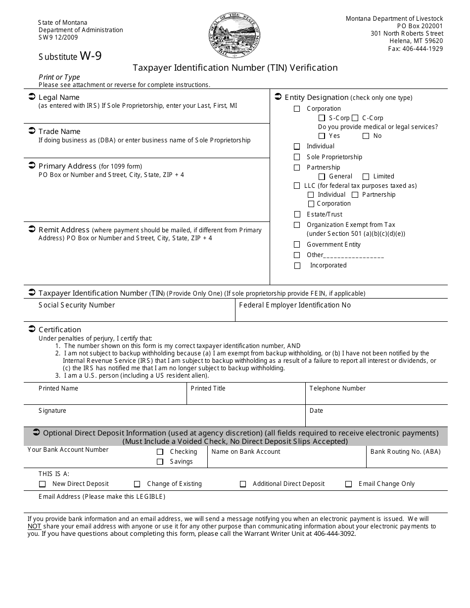 Form SW9 Substitute W-9 Taxpayer Identification Number (Tin) Verification - Montana, Page 1