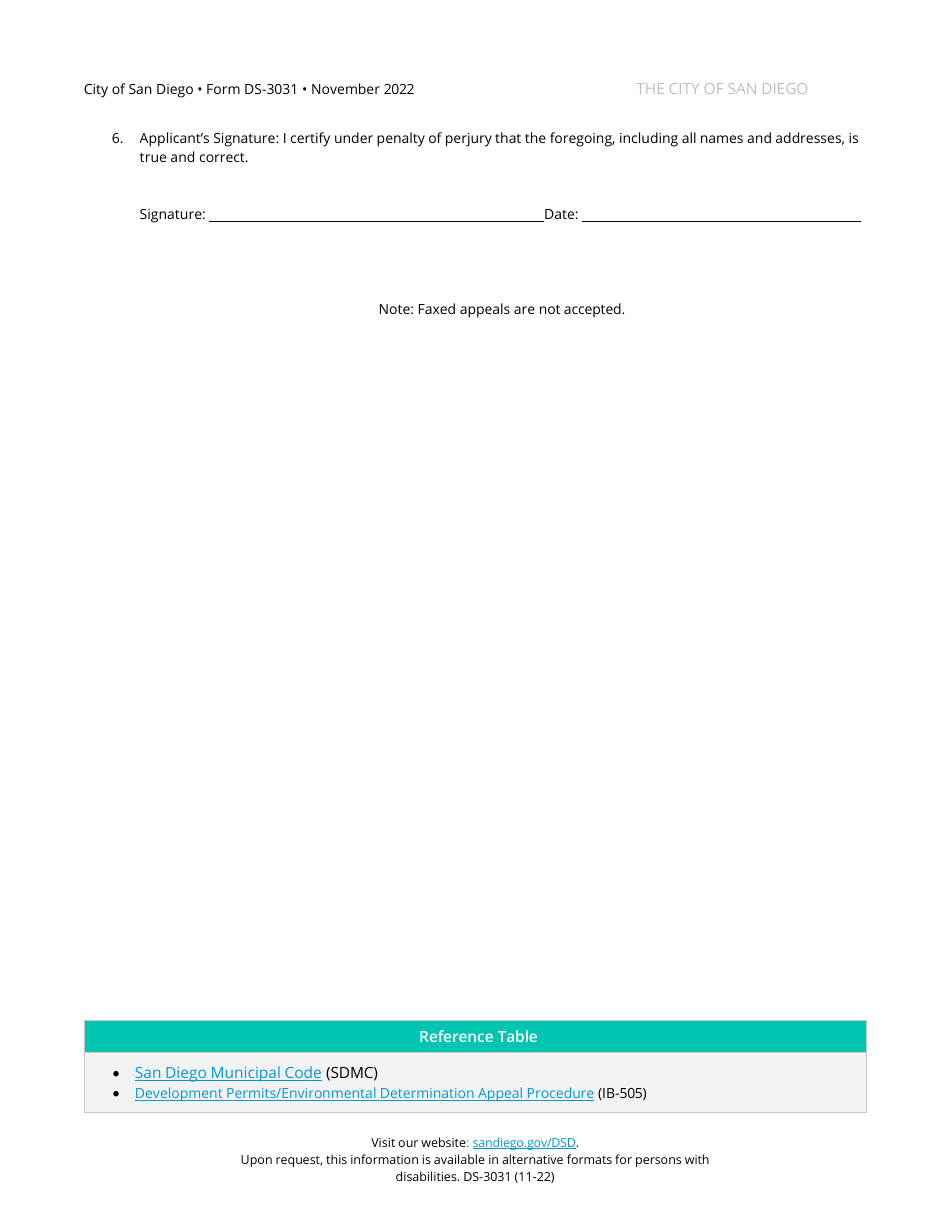 Form DS-3031 Development Permit / Environmental Determination Appeal Application - City of San Diego, California, Page 2