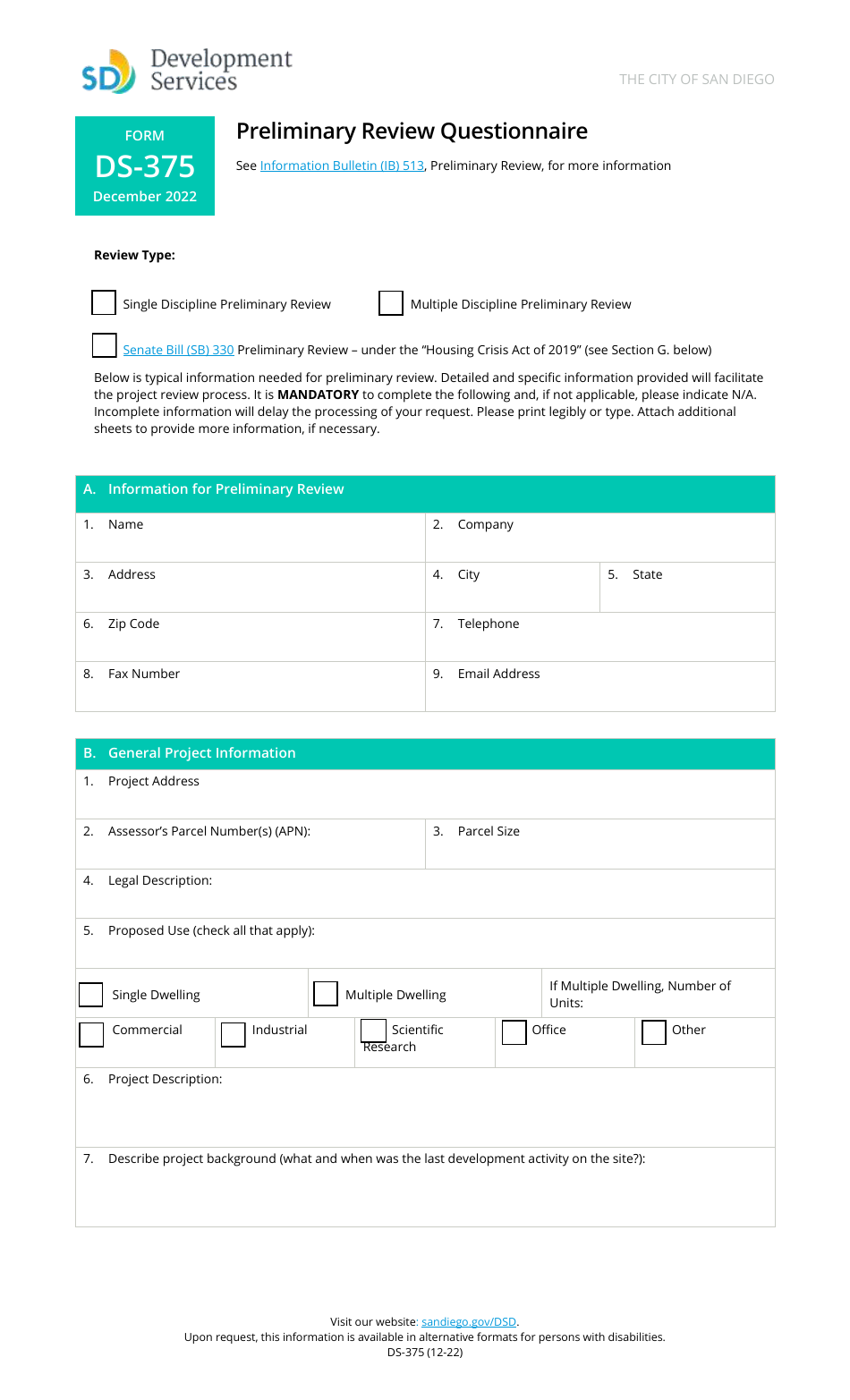 Form DS-375 Preliminary Review Questionnaire - City of San Diego, California, Page 1