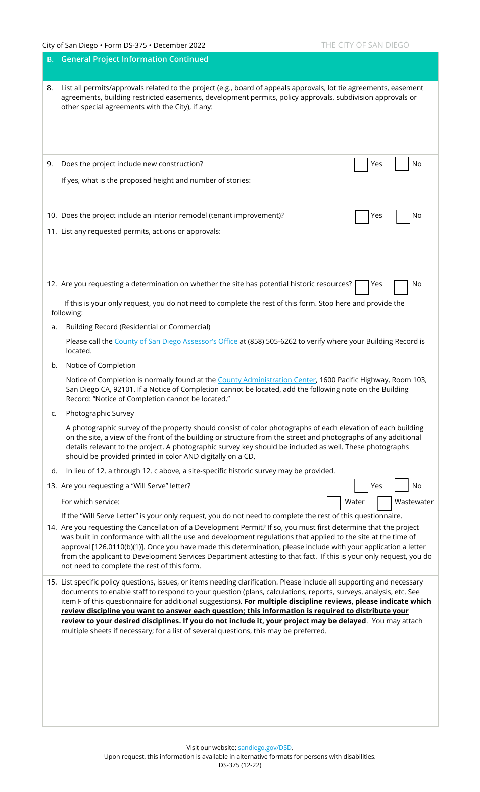 Form DS-375 Preliminary Review Questionnaire - City of San Diego, California, Page 2