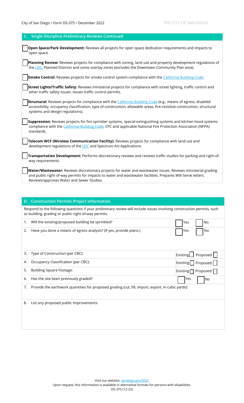 Form DS-375 Preliminary Review Questionnaire - City of San Diego, California, Page 4