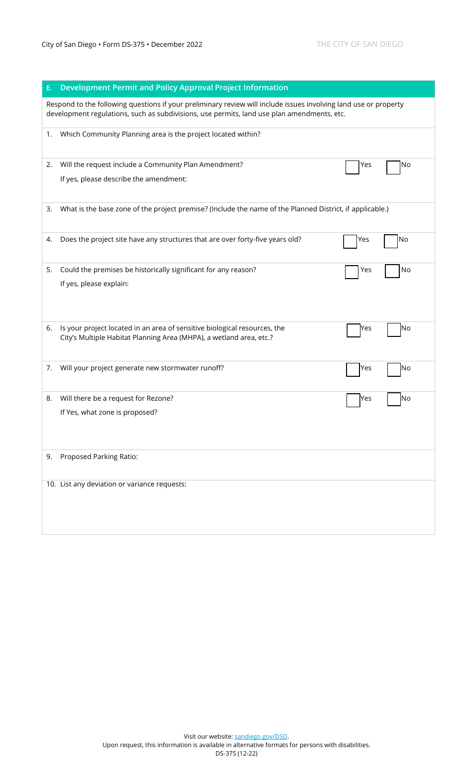 Form DS-375 Preliminary Review Questionnaire - City of San Diego, California, Page 5
