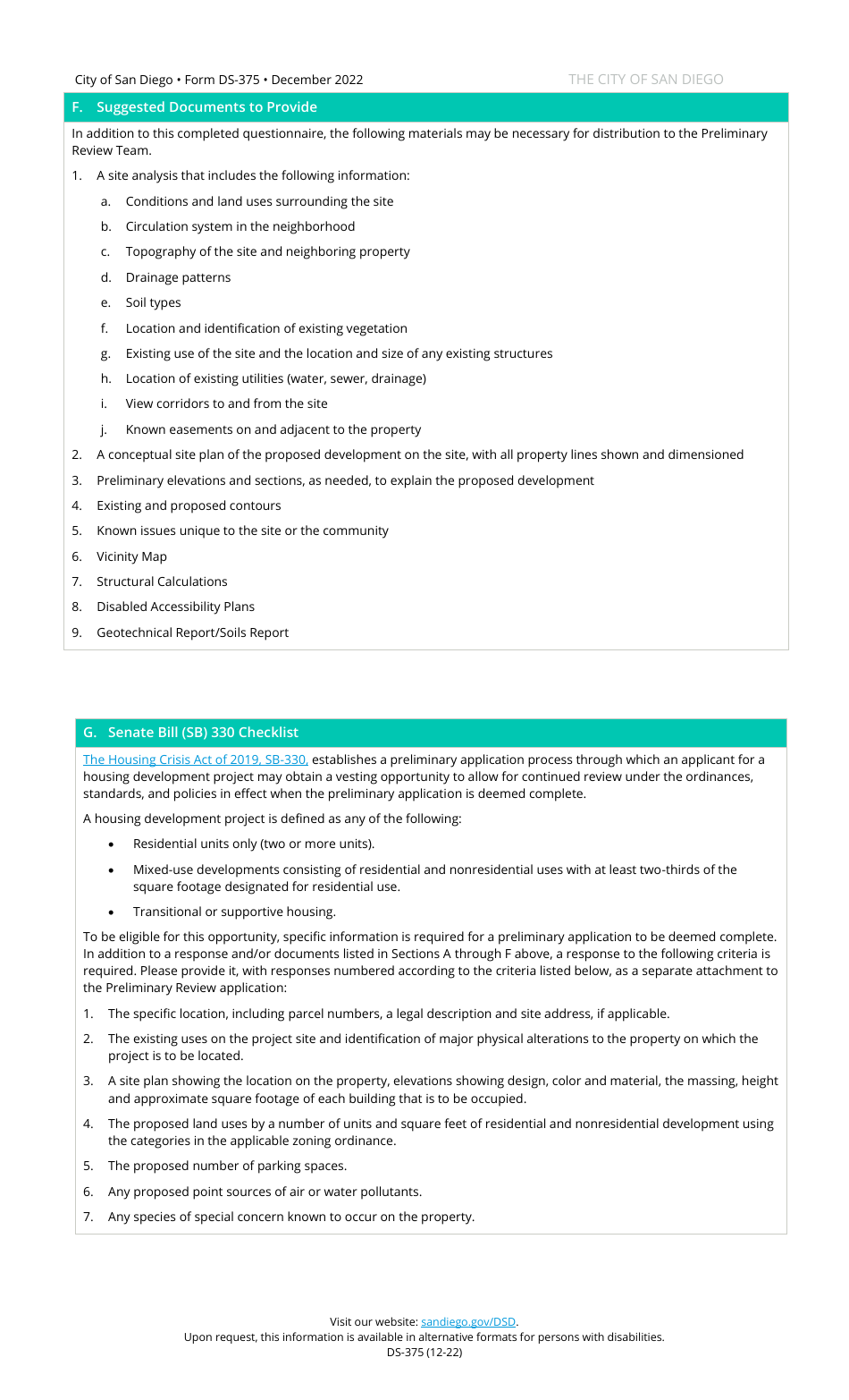 Form DS-375 Preliminary Review Questionnaire - City of San Diego, California, Page 6