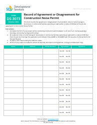 Form DS-3073 Record of Agreement or Disagreement for Construction Noise Permit - City of San Diego, California