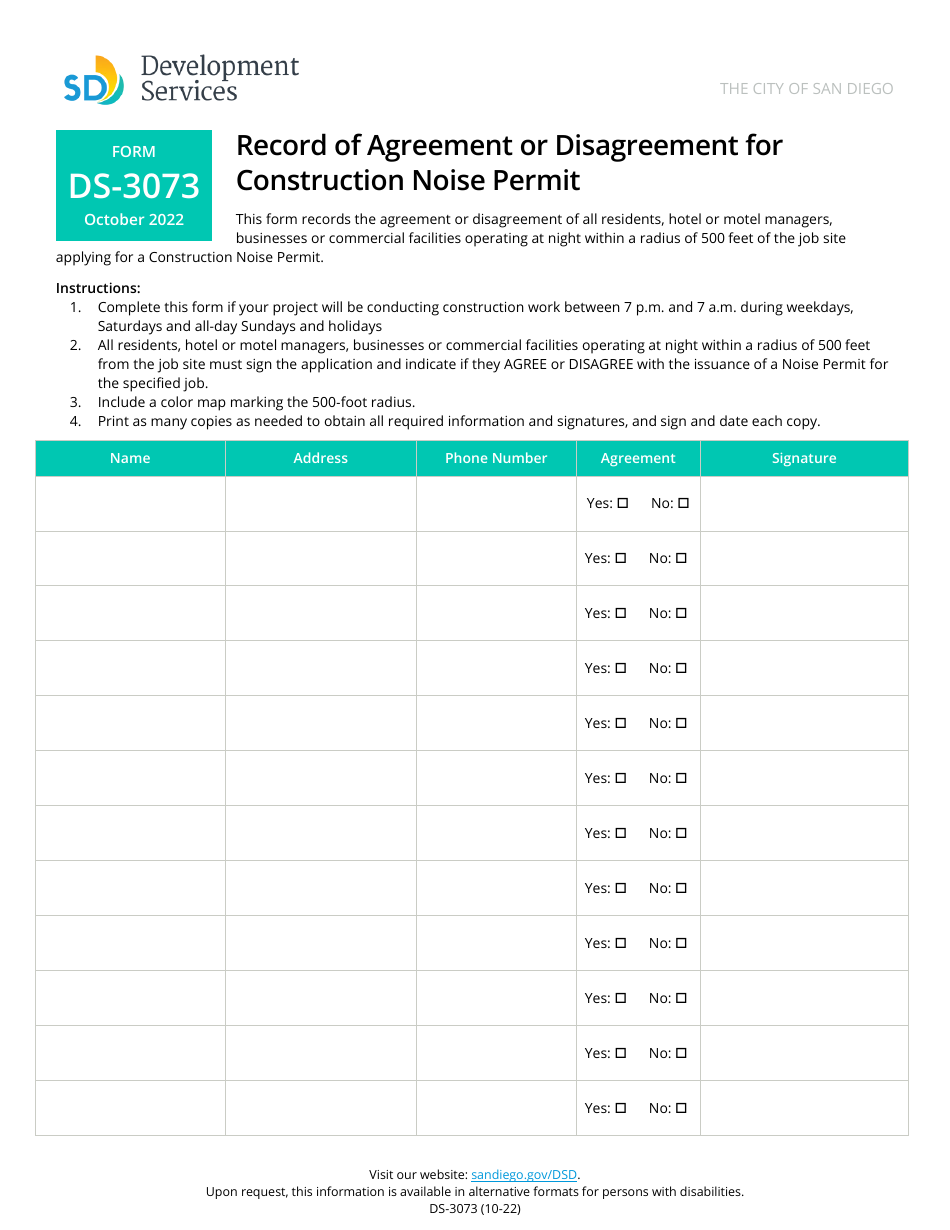 Form DS-3073 Record of Agreement or Disagreement for Construction Noise Permit - City of San Diego, California, Page 1