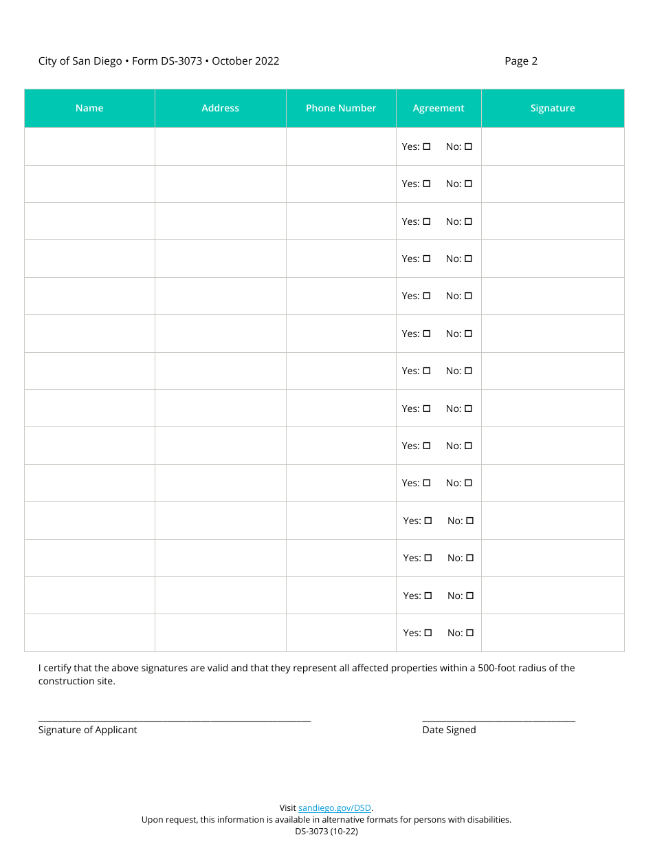 Form DS-3073 Record of Agreement or Disagreement for Construction Noise Permit - City of San Diego, California, Page 2