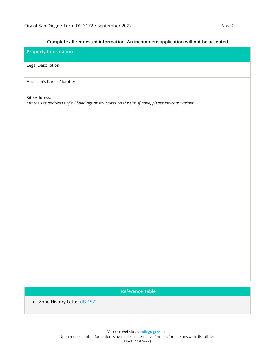 Form DS-3172 Zone History Letter Request - City of San Diego, California, Page 2