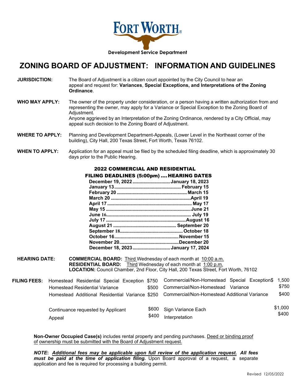 Application to the Zoning Board of Adjustment - City of Fort Worth, Texas, Page 1