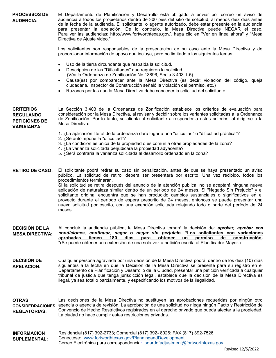 Solicitud a La Mesa Directiva De Ajuste De Zonificacion - City of Fort Worth, Texas (Spanish), Page 2