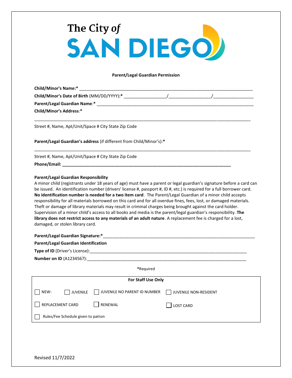 Parent / Legal Guardian Permission - City of San Diego, California, Page 1