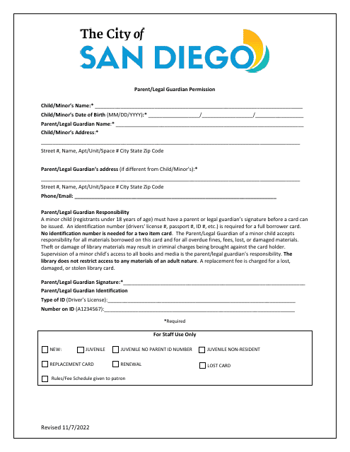 Parent/Legal Guardian Permission - City of San Diego, California