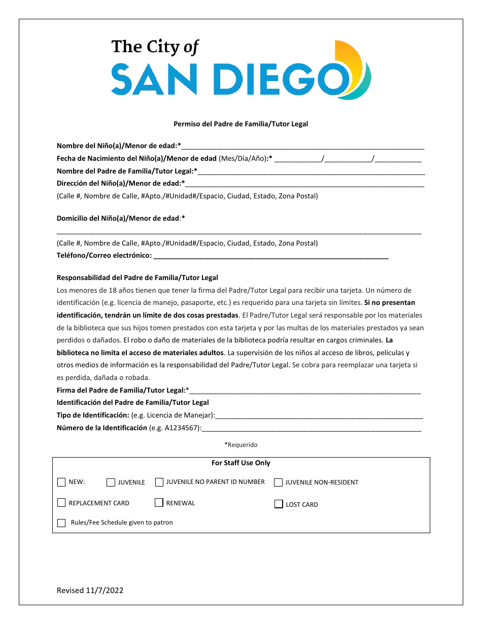 Permiso Del Padre De Familia/Tutor Legal - City of San Diego, California (Spanish), Page 1