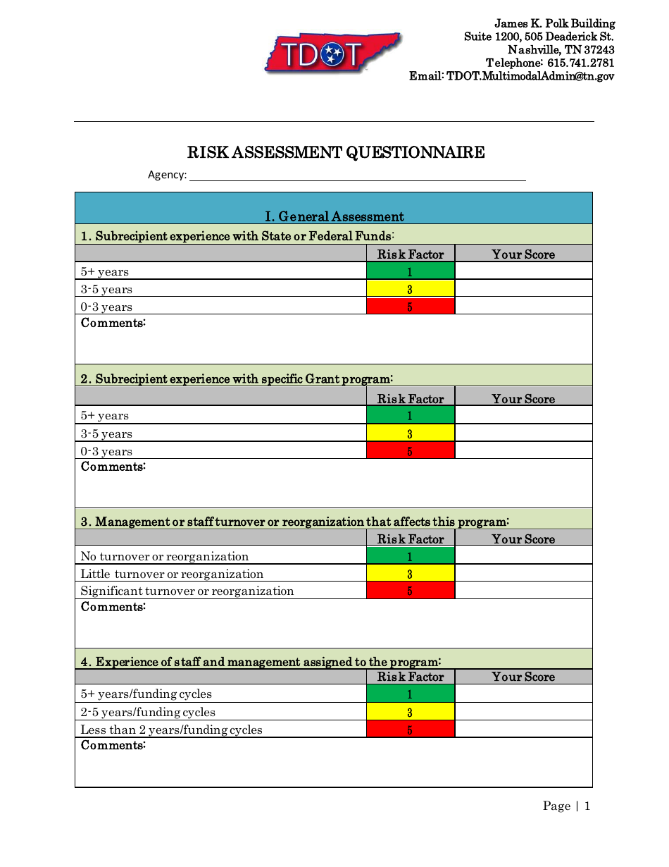 Risk Assessment Questionnaire (HRA) - Tennessee, Page 1