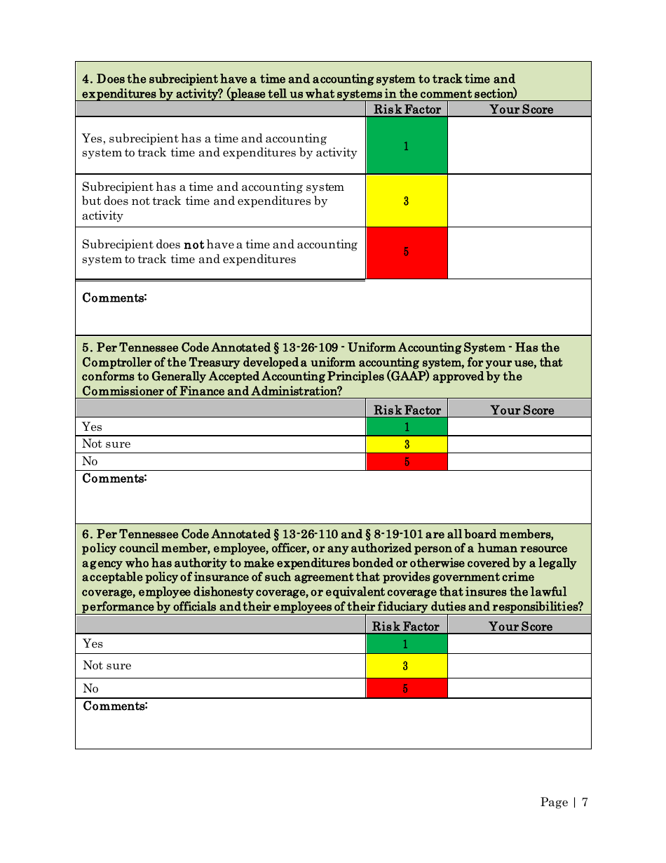 Risk Assessment Questionnaire (HRA) - Tennessee, Page 7