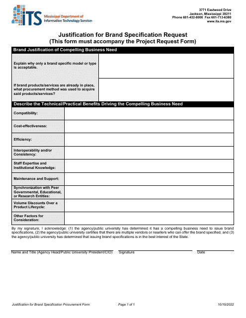 Justification for Brand Specification Request - Mississippi Download Pdf