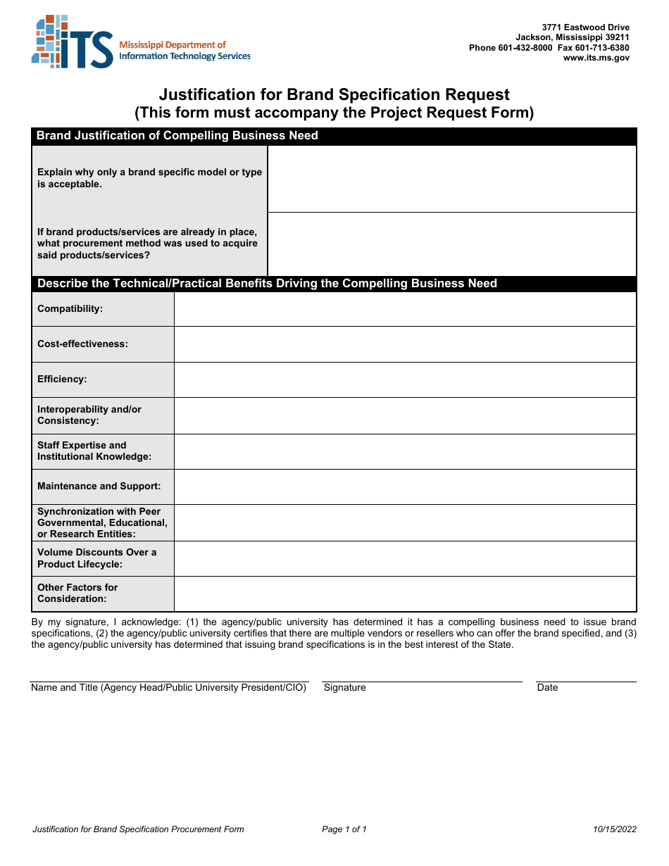 Mississippi Justification for Brand Specification Request Fill Out