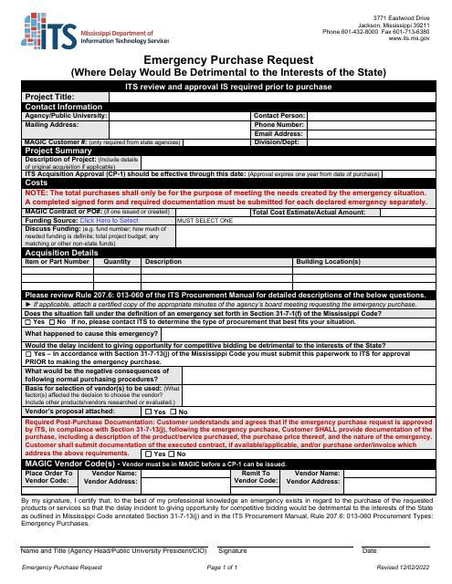 Emergency Purchase Request Form (Where Delay Would Be Detrimental to the Interests of the State) - Mississippi Download Pdf