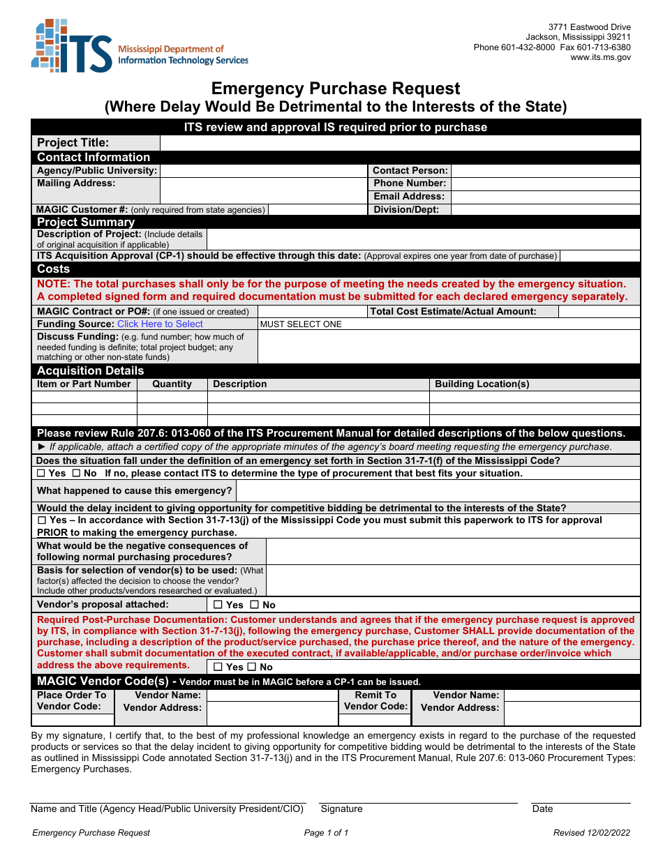 Emergency Purchase Request Form (Where Delay Would Be Detrimental to the Interests of the State) - Mississippi, Page 1
