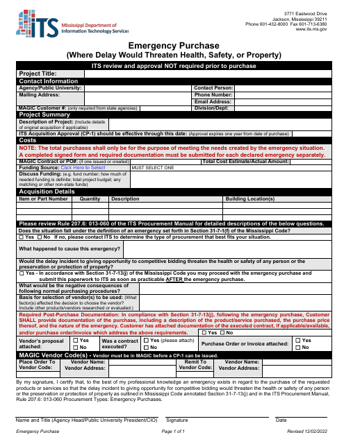 Emergency Purchase Form (Where Delay Would Threaten Health, Safety, or Property) - Mississippi Download Pdf