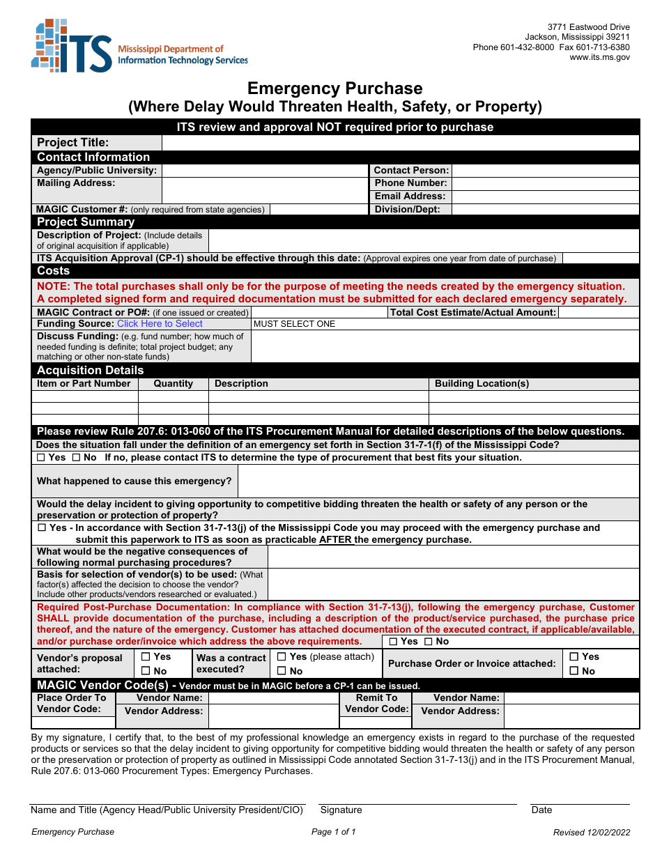 Emergency Purchase Form (Where Delay Would Threaten Health, Safety, or Property) - Mississippi, Page 1