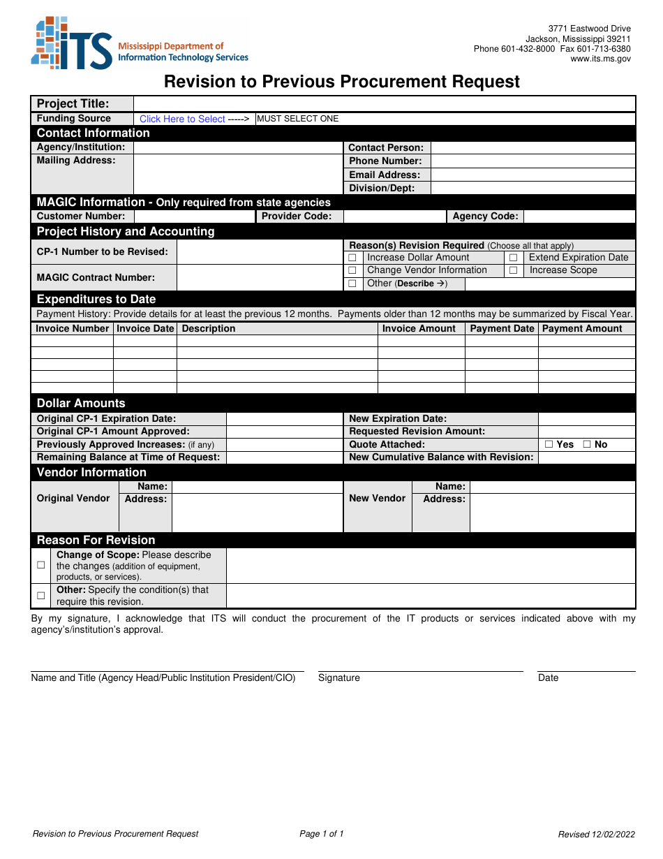 Revision to Previous Procurement Request - Mississippi, Page 1