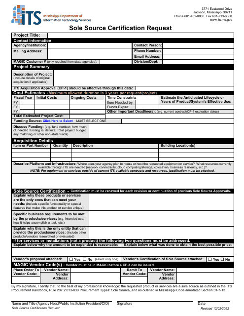 Sole Source Certification Request - Mississippi Download Pdf