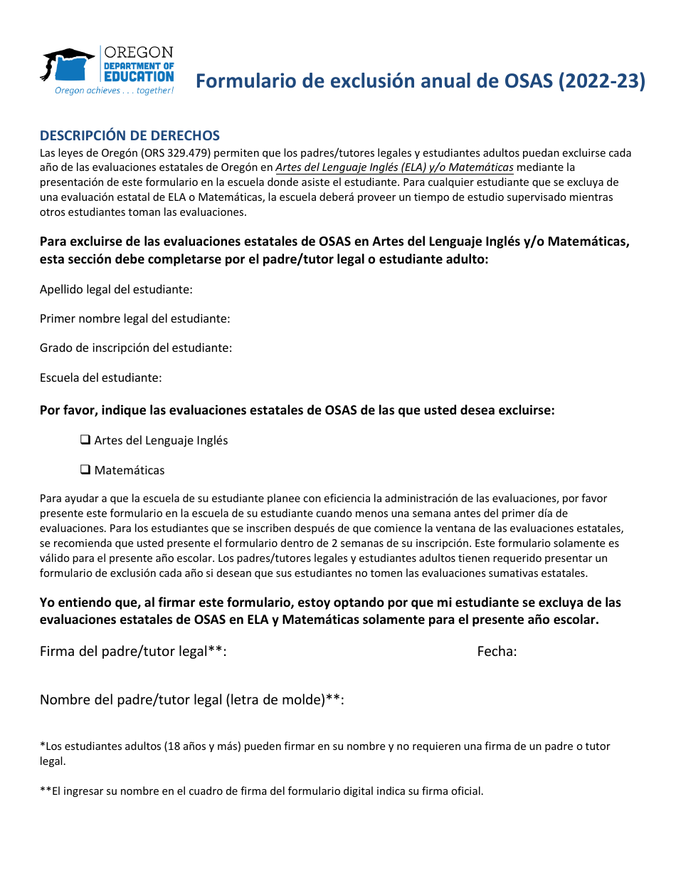 Formulario De Exclusion Anual De Osas - Oregon (Spanish), Page 2