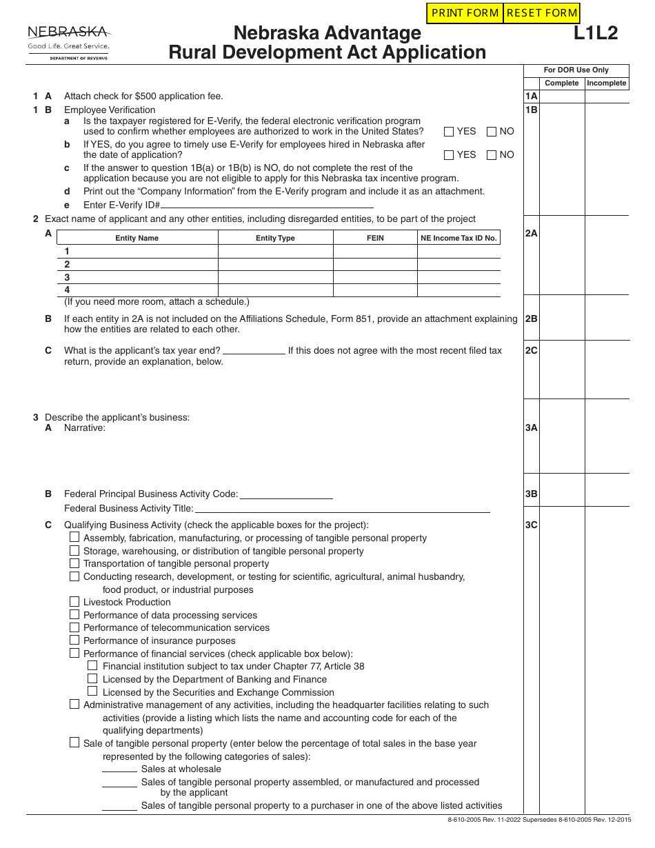 Form L1l2 Download Fillable Pdf Or Fill Online Nebraska Advantage Rural Development Act 6435