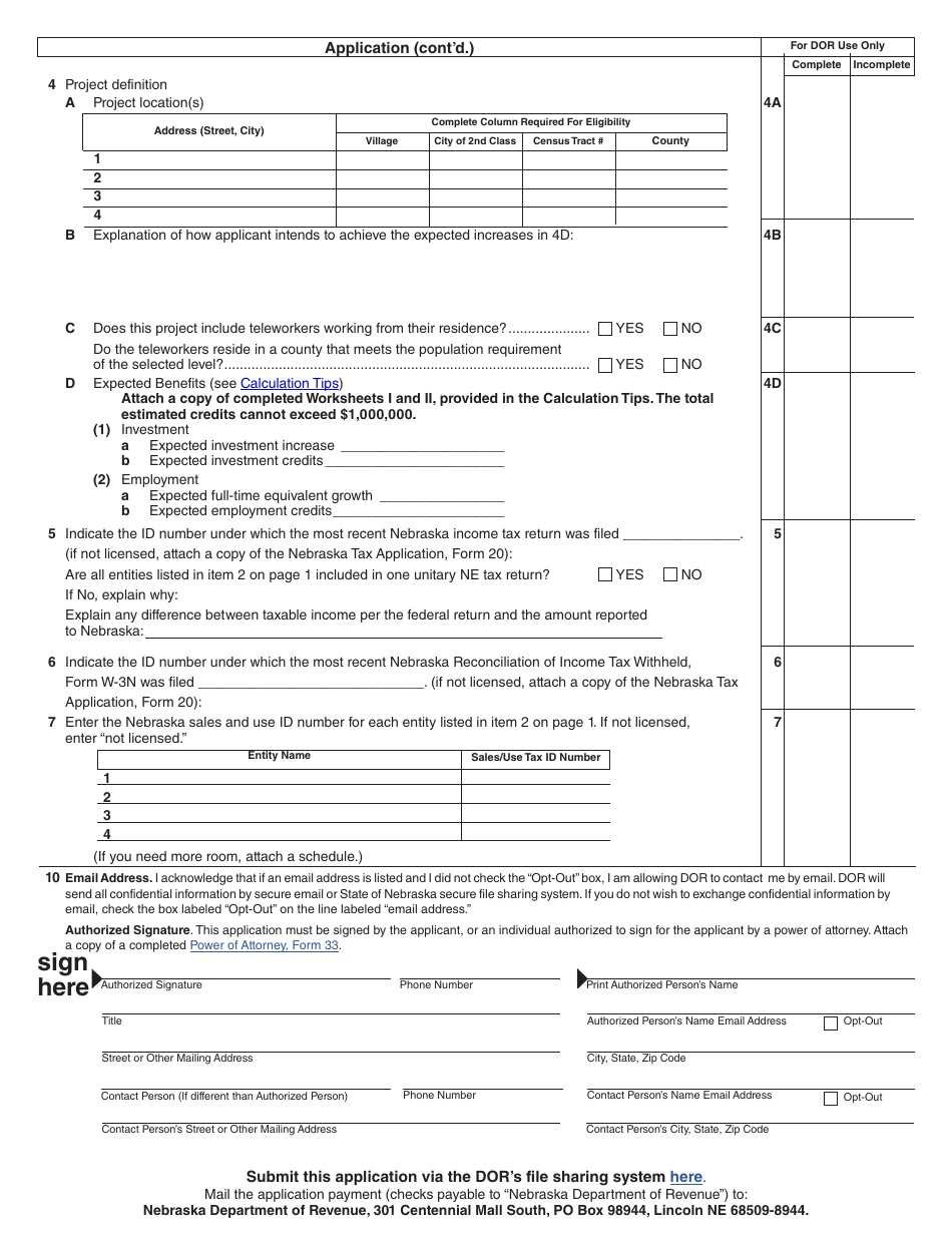 Form L1L2 Nebraska Advantage Rural Development Act Application - Nebraska, Page 2