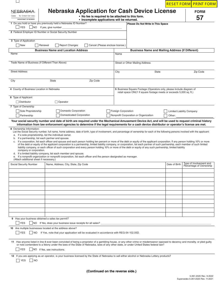 Form 57 Nebraska Application for Cash Device License - Nebraska, Page 1