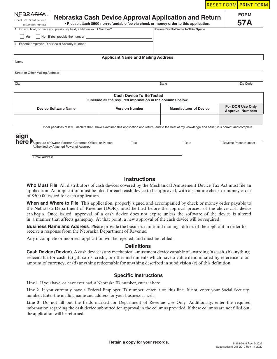 Form 57A Nebraska Cash Device Approval Application and Return - Nebraska, Page 1