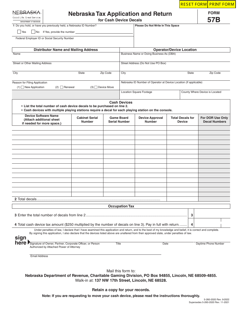 Form 57B Download Fillable PDF or Fill Online Nebraska Tax Application