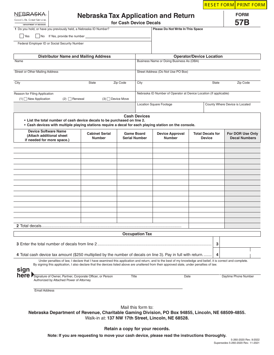 Form 57B Nebraska Tax Application and Return for Cash Device Decals - Nebraska, Page 1